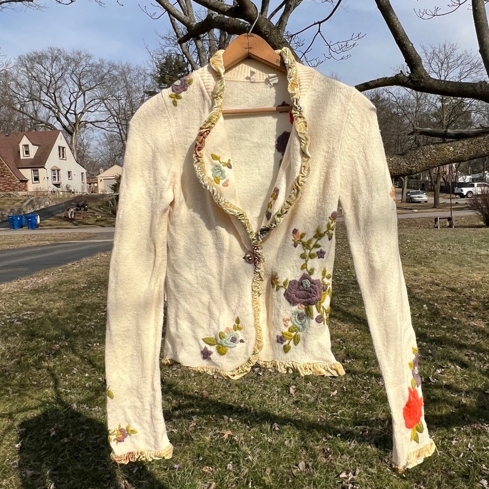 Dreamy creamy wool Moth sweater trimmed in ruffled velvet and embroidered